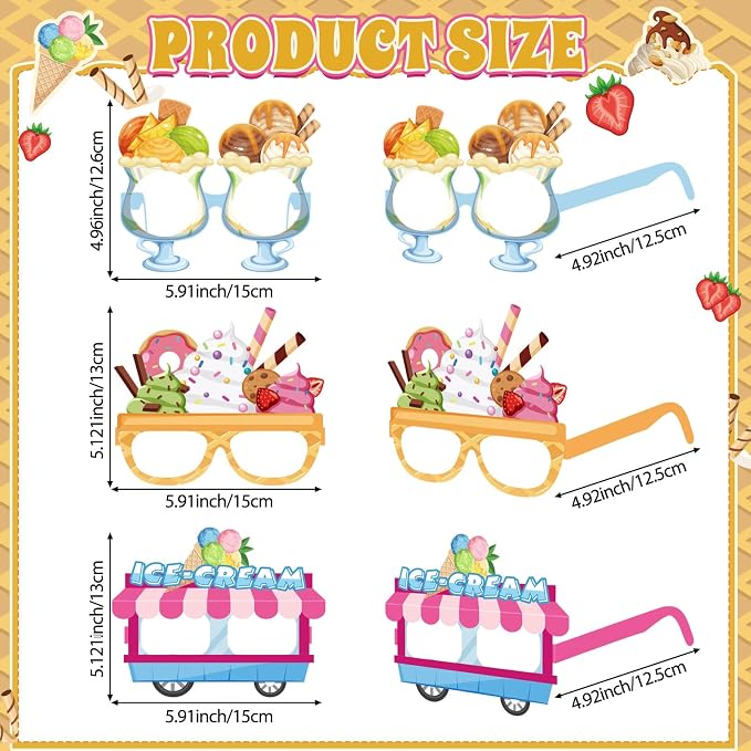 Pajean 32 Pcs Ice Cream Party Decorations Eyeglasses Ice Cream Themed Paper - Image 2