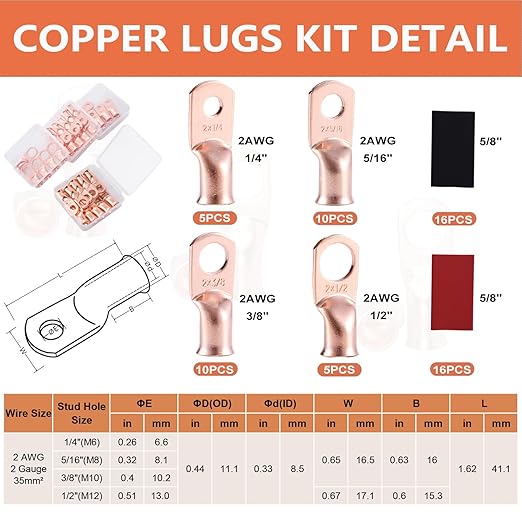 62PCS 2 AWG Ring Terminal Connectors Battery Copper Wire Lugs 2 Gauge 5/16", 3/8", 1/4", 1/2" with Heat Shrink Tubing Set, 30Pcs Battery Cable Ends and 32PCS Heat Shrink Tubing
