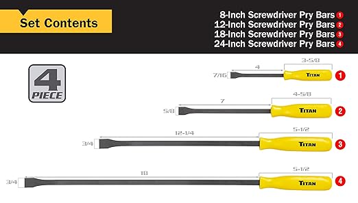 Titan 17101 4 pc. Pry Bar Set, Includes 8-Inch, 12-Inch, 18-Inch, and 24-Inch Pry Bars