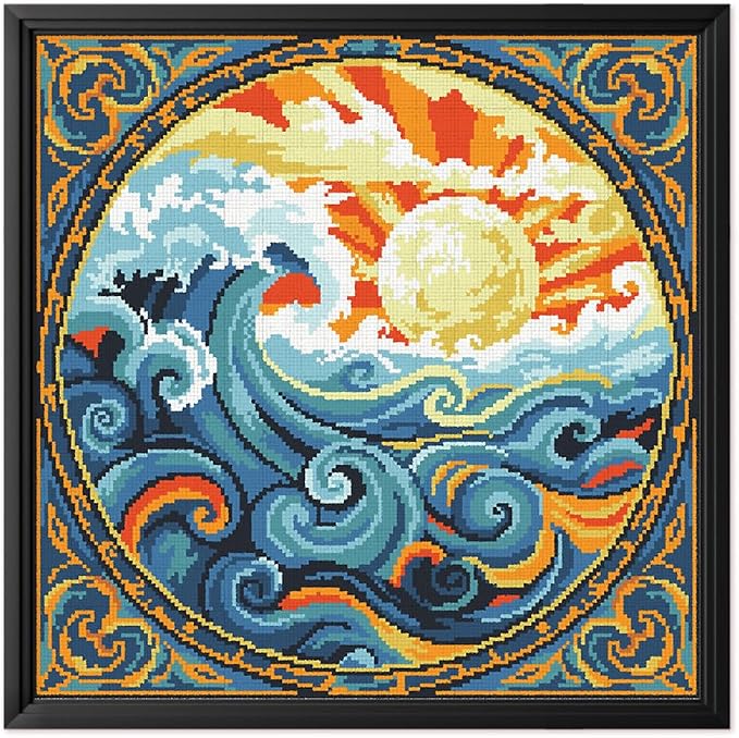FREEBLOSS 11CT Stamped Cross Stitch Kits Sunrise&Waves Cross Stitch Wall by FreeandCreativeCraftsArt