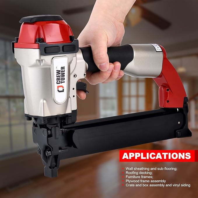 Crown Stapler, 16 Gauge 7/16-inch Pneumatic Medium Air Staple Gun for Fence Vinyl Siding Furniture Wood Pallets Crate Assembly Cabinets Framework