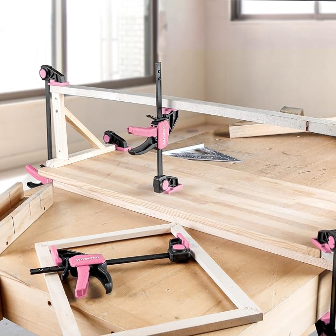 WORKPRO Bar Clamps for Woodworking, 6-Pack One-Handed Clamp/Spreader, 4PC 6" and 2PC 12" Wood Clamp Set, Light-Duty Quick-Change F Clamps with 150 lbs Load Limit, Pink Ribbon