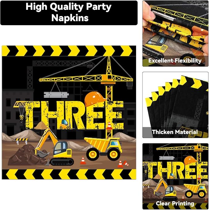 100 Pcs Construction 3rd Party Plates and Napkins Set 3 Years Old Birthday - Image 4