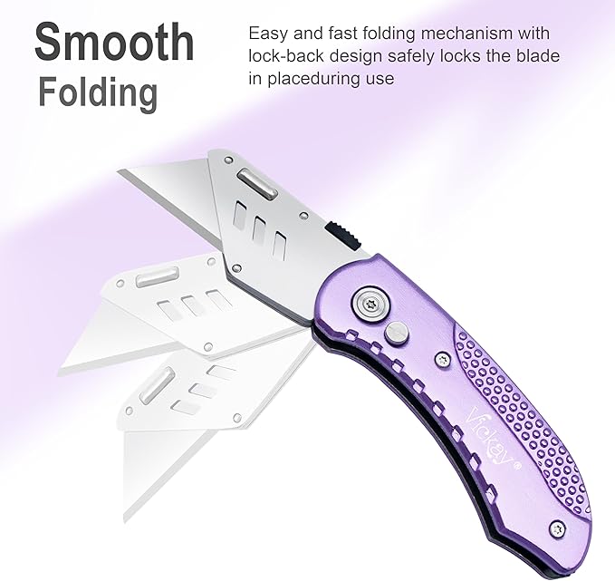 Vickay Folding Utility Knife, Box Cutter with 5 SK5 Quick Change Blades, Safety Axis Lock Design Razor Knife, Lightweight Aluminum Handle Belt Clip for Office Home Artcraft （Light Purple)