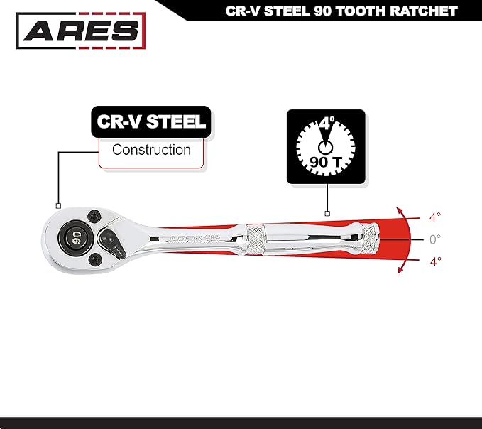 ARES 42048-3-Piece 90 Tooth Ratchet Set - Premium Chrome Vanadium Steel Construction & Mirror Polish Finish - Quick Release for Easy Socket Change - 90-Tooth Reversible Design with 4 Degree Swing