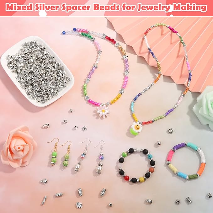 350 Pcs Silver Spacer Beads for Jewelry Making, Mixed Bulk Random Styles Metal - Image 3