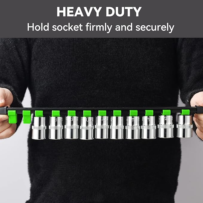 ALOANES 18 PC ABS Socket Organizer, 1/2 inch, 3/8 inch and 1/4 inch Drive Socket Rail Holders, Heavy Duty Socket Racks, Black Rails with Green Clips