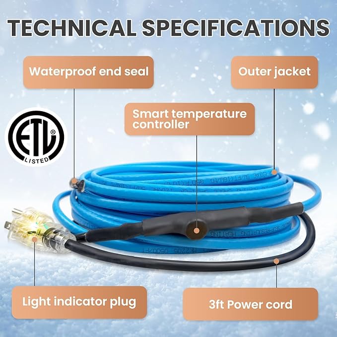 70FT Heat Tape for Water Pipes, Self-Regulating Heat Trace for Pipes with Thermostat Heating Cable for Metal Plastic Pex Pipes 120V 5W/FT