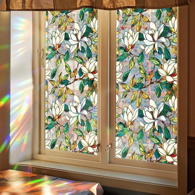 Retro Flower Window Privacy Film, Stained Glass Decals White Mangnolia Privacy - Image 5