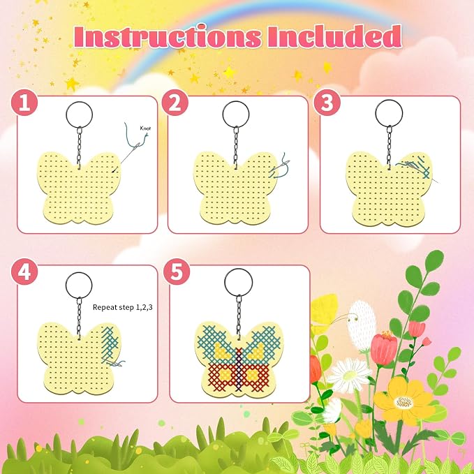 VKPI Wooden Cross Stitch Kits for Kids, Make Your Own 6 Cross Stitching Keyrings - Image 3