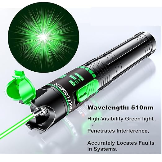 Green Light Fiber Optic Tester - Visual Fault Locator, 510nm Wavelength, Compatible with SC/FC/ST/LC Interfaces, Ideal for Network Maintenance & Data Center Technicians.