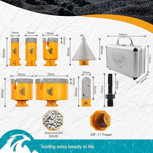 Tile Hole Saw Kit 8pcs - Diamond Core Drill Bits Set (19/25/35/50/75mm) & SDS Adapter for Tile Porcelain Ceramic Marble Granite with 20mm Diamond Finger Bit and 50mm Chamfer Bit Trimming Holes