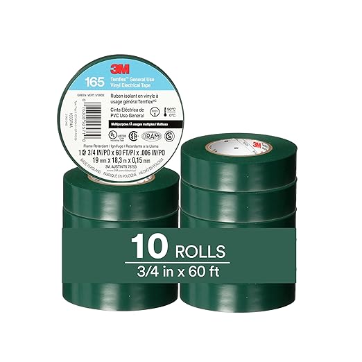 3M Temflex Multi-Purpose Vinyl Electrical Tape 165, Green, 3/4 in x 60 ft (19 mm x 18 m), 10 Roll Pack