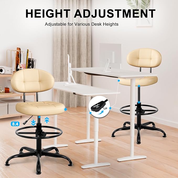 Misolant Armless Drafting Chair, Tall Office Chair no Wheels with Footrest Ring for Standing Desk, Small Faux Leather Executive Office Chair with Adjustable Height for Bar Counter Desk Khaki
