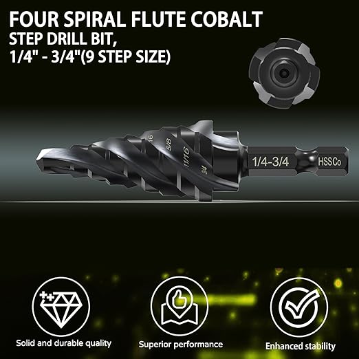M35 Cobalt Step Drill Bit - 1/4" to 3/4"(9 Sizes)- Unibit Four Spiral Flute - 1/4" Hex Shank - Metal Drilling Bit: High Strength,Durability, Efficient
