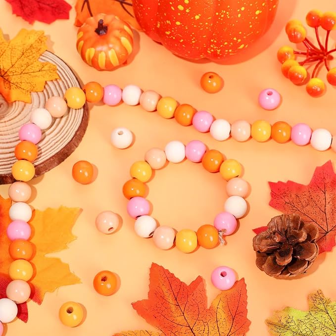 Whaline 240 Pcs Fall Wooden Beads Thanksgiving Harvest Natural Orange Pink - Image 4
