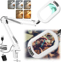 10X Rectangle Magnifying Glass with Light, 5 Color Modes Stepless Dimmable Magnifier with Stand, LED Lighted Clamp Desk Lamp with Swing Arm, Hands Free for Reading Painting Close Work - White