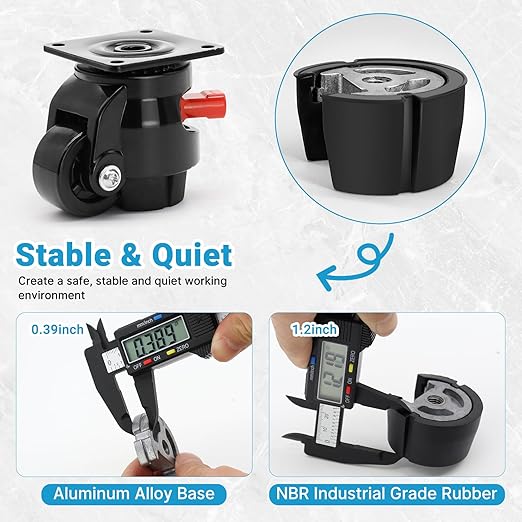 Nefish Heavy Duty Leveling Machine Casters 2200 LBS, Upgraded Ratchet Arm Design Leveling Retractable Castors Set of 4, Aluminum Base & Industrial Grade Rubber Workbench Caster for Industrial, Machine