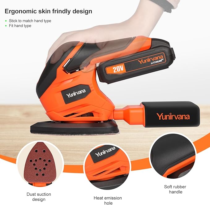 20V 1.3Ah Cordless Sander, Detail Sanders, 20Pcs Sandpapers,12000 RPM Sanders with Dust Collection System for Tight Spaces Sanding in Home Decoration, Battery and Charger Included