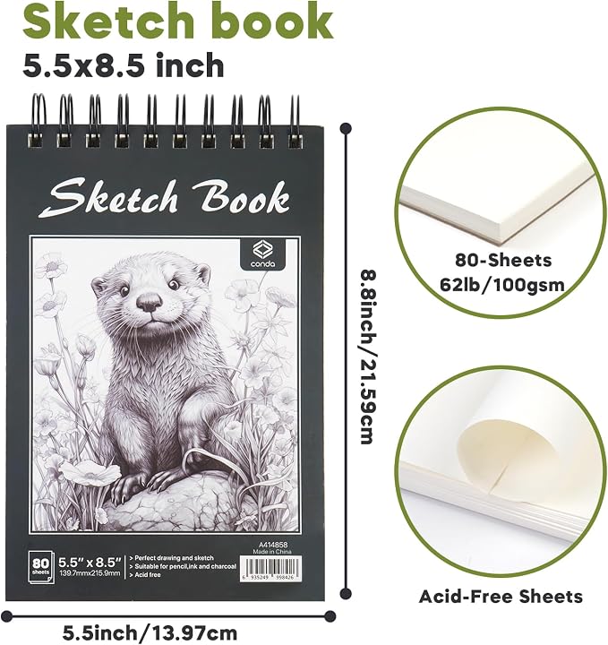 CONDA 5.5 x 8.5 Sketchbook Book, Top Spiral Bound Sketch Pad, 2 Pack, 80 Sheets - Image 2