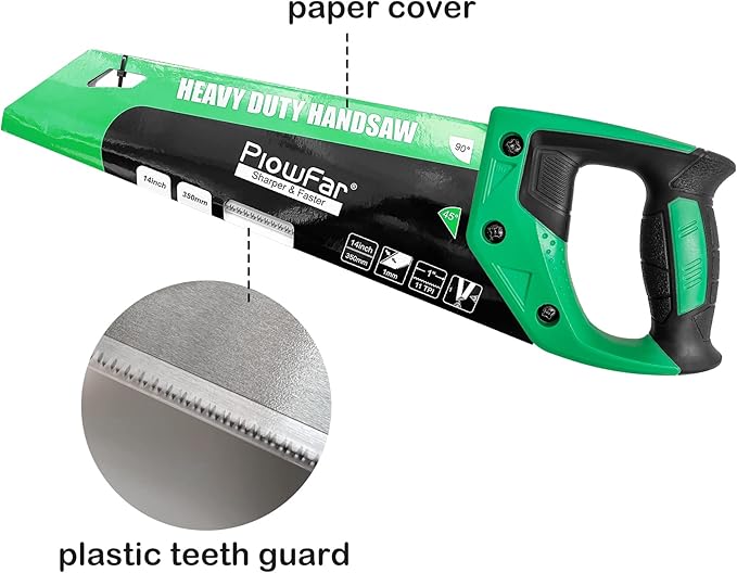 14 inch Hand Saw 11TPI Pro Fine Cut for Wood, Plastic Pipes, Drywall, Trees Trimming & Pruning, Sharp for Woodworking, Green