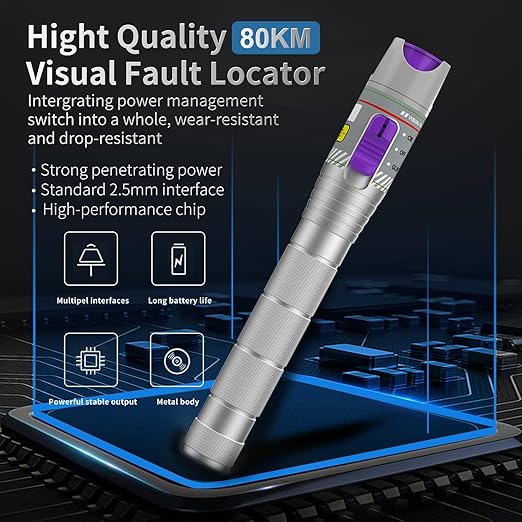 Purple 80KM Visual Fault Locator for Fiber Optic Cables, VFL Supports FC/ST/SC Interfaces, Long-Range Fault Finder, Fiber Light Pen Tester, High-Precision OTDR Mapping Tool for FTTH, Telecom