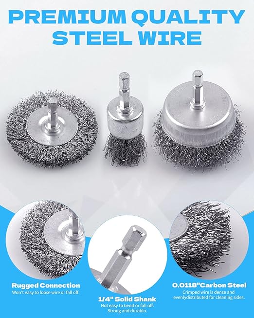 Rocaris 24 PCS Wire Wheel Brush for Drill , Carbon Steel Drill Wire Brush Set with 1/4-Inch Hex Shank for Rust Removal, Corrosion and Scrub Surfaces