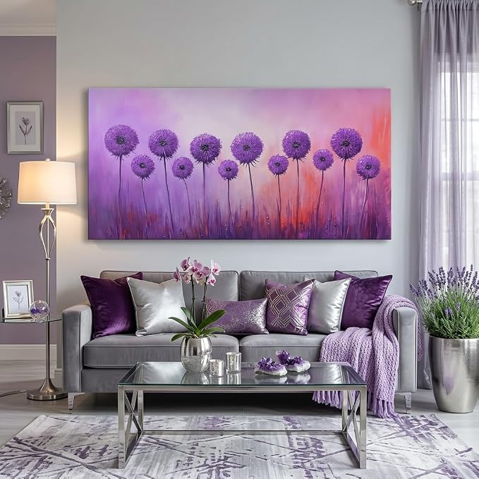 ZESTRILIA Purple Dandelion Canvas Wall Art, Vibrant Floral Oil Painting Print by Unknown
