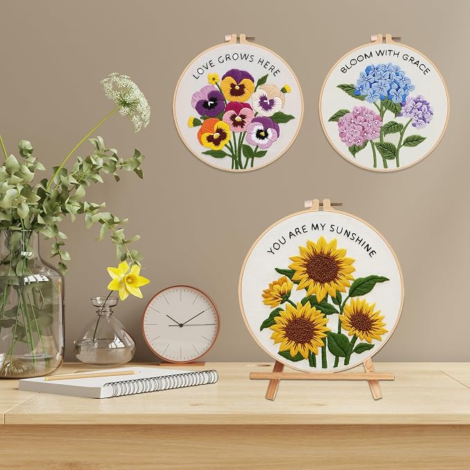 Nuberlic 3 Pack Embroidery Kit for Beginners, Floral Cross Stitch Kit | - Image 6