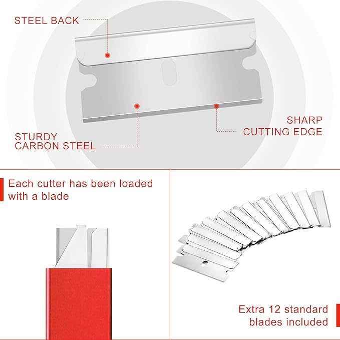 WORKPRO 12-Pack Box Cutter Retractable - Utility Knife with Single Edge Razor Blade - Razor Knife Box Opener Cardboard Cutter with Metal Sheathes- Extra 12-Pack Razor Blades for Replacement - Red