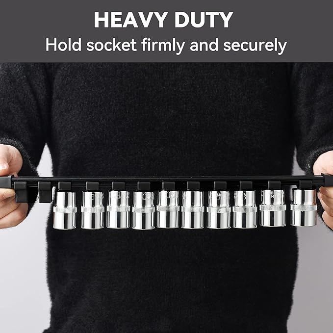 ALOANES 18 PC ABS Socket Organizer,1/2 inch, 3/8 inch, and 1/4 inch Drive Socket Rail Holders, Heavy Duty Socket Racks, Black Rails with 6 Color Clips