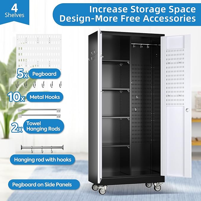 Broom Closet Storage Cabinet with Hanging Rod, 71" H Metal Garage Storage Cabinet with Wheels and 4 Adjustable Shelves, Locking Broom Closet with 13 Hooks for Garage, Bathroom, Home