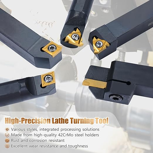 Indexable Lathe Turning Tool 21Pcs Kit 5/8" (16mm) Shank, Includes 7Pcs Metal Lathe Tool Holders and 14Pcs Carbide Inserts for Turning Boring Grooving Cutting Threading Carbide Turning Tool