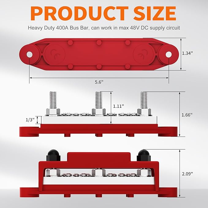 Joinfworld Power Distribution Block 400A Bus Bar 12V 48V with 3 x 5/16"(M8) Studs Marine Bus Bar Terminal Block 12 Volt DC Battery Busbar with Cover - Negative&Positive