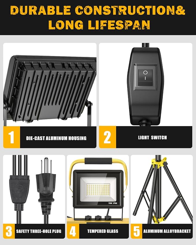 21000Lumen LED Work Lights with Stand, 3 Head Portable Work Light with 16FT Cord, IP66 Waterproof Tripod Worklights for Outdoor Indoor Job Site Workshop Garage Construction Site Lighting(3 Head)