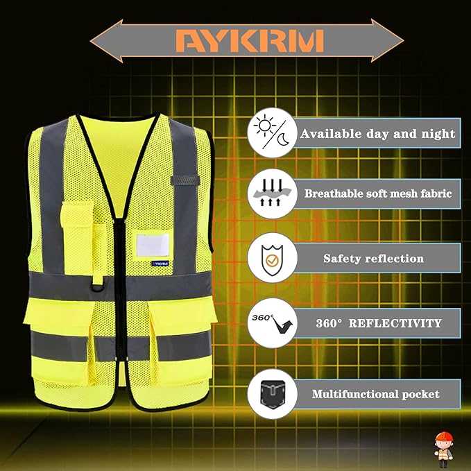 A-SAFETY High Visibility Mesh Safety Reflective Vest with Pockets and Zipper,Hi Vis Viz Reflective Safety Vest(Yellow Mesh L)