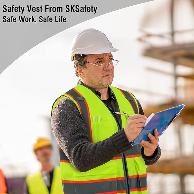 SKSAFETY 10 Pockets Safety Vest, Class 2 High Visibility Security with Zipper, Hi Vis Vest with Reflective Strips, ANSI/ISEA Standard, Construction Work Vest for Men ＆ Women （Lime, M）