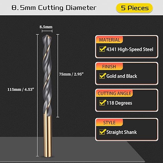 Drill Bit, 8.5mm Cutting Diameter, 4341 HSS Gold and Black 118° Cutting Angle Number Jobber Bits - (Applications: for Drilling Soft Metal Plastic Wood), 5-Pieces