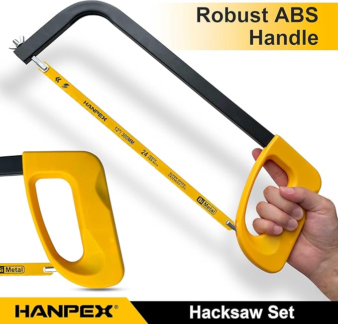 12in. High-Tension Hacksaw Frame with 5pcs Extra Bi-metal Blades, Hand Saw Suitable for Metal, wood, PVC, Carpentry