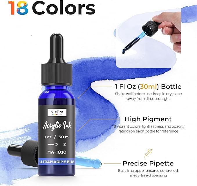 Nicpro 18 Colors Acrylic Ink for Artists, 1-oz Bottle - Image 4