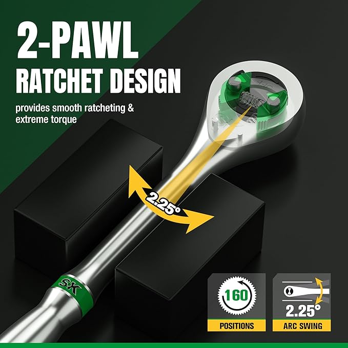 SK 3/8" Drive Ratchet Handle, 160-Position 2 Pawl Ratchet, Premium CR-V Construction, with Contoured Handle
