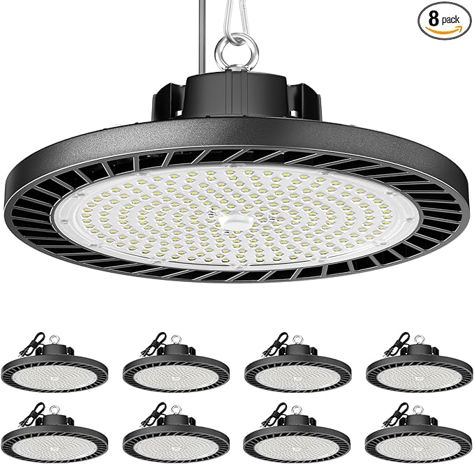 8 Pack LED High Bay Lights 200W, 30000LM 6500K UFO High Bay Led Shop Lights AC100-277V with Plug Industrial Warehouse Workshop Factory Barn Garage Area Lighting Fixture