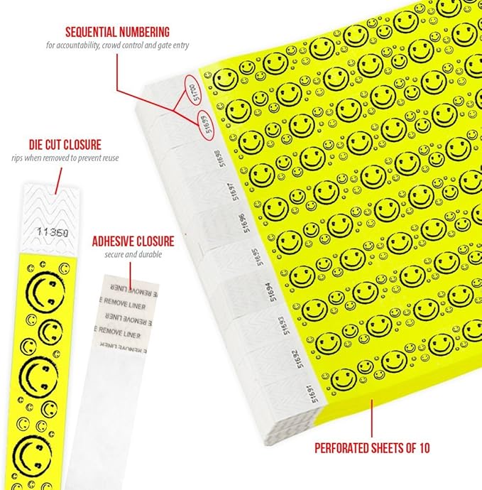200 WristCo Yellow Smiley Face Tyvek Wristbands for Events - ¾” x 10” - Waterproof Recyclable Comfortable Tear Resistant Paper Bracelets Wrist Bands for Concerts Festivals Admission Party