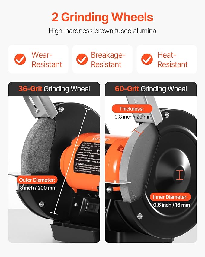 VEVOR Bench Grinder, 8-inch Single Speed Bench Grinder, 3450RPM High-Speed Table Grinders with 350W 3.0A Induction Motor, 36/60-Grit Grinding Wheel & Adjustable Eye Shield for Fast Sharpening Grinding