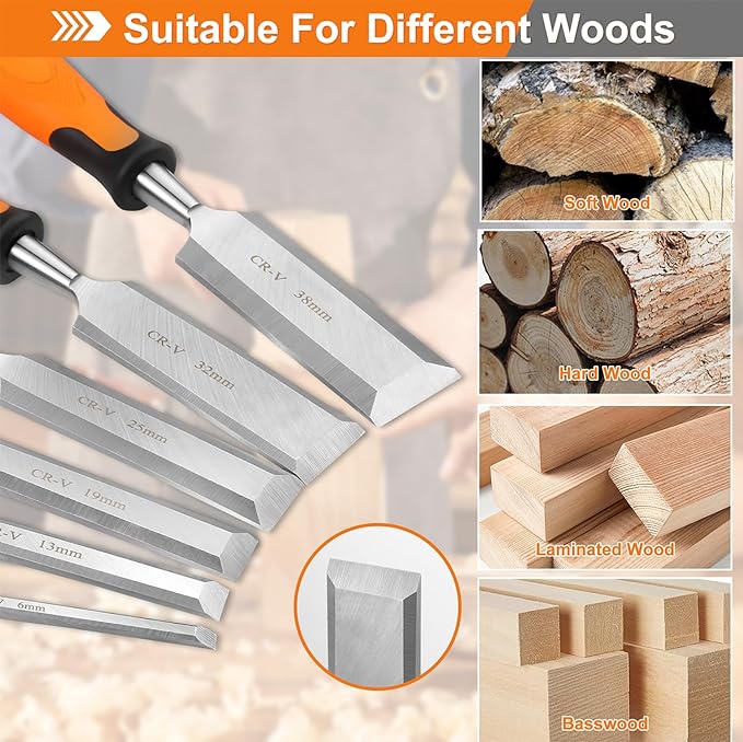KINGBRO 6 Pcs Wood Chisel Sets, Wood Chisels for Carbon Steel Woodworking with Steel Hammer End, Durable PP+TPR High Impact Handle Wood Chisel, 6/12/19/25/32/38mm