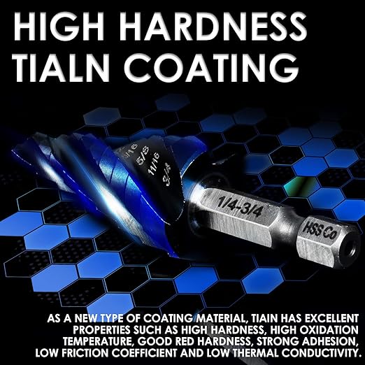 M35 Cobalt Step Drill Bit, Four Spiral Flute Unibit Step Drill Bit (1/4"-3/4") Wear-Resistant TiAlN Coated, 1/4" Hex Shank for Metal, Carbon Steel, Stainless Steel, Wood, Plastic (9 Size)