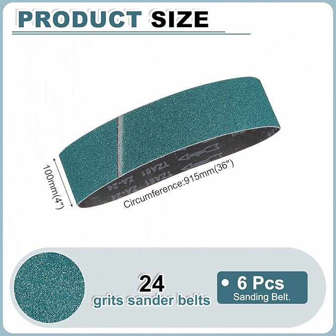 HARFINGTON 4 x 36 Inch Sanding Belts, 6 Pcs 24 Grit Zirconia Abrasive Belt Sander File Belt for Woodworking, Metal Polishing, Knife Sharpener