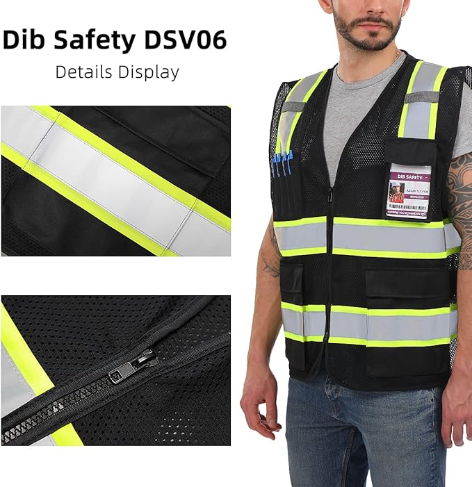 Dib Safety Reflective Mesh Vest High Visibility Two Tone with Pockets and Zipper, Black Mesh with Yellow Trim L