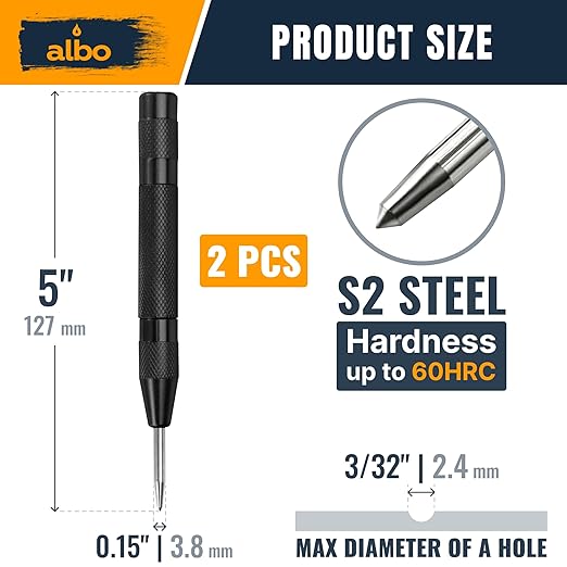 ALBO Automatic Center Punch Tool – 5 Inch Spring Loaded Punch for Metal, Wood & Steel – Heavy Duty Drill Punch – Blackened Finish, Precision Tip for Accurate Marking in Workshop (2pcs)