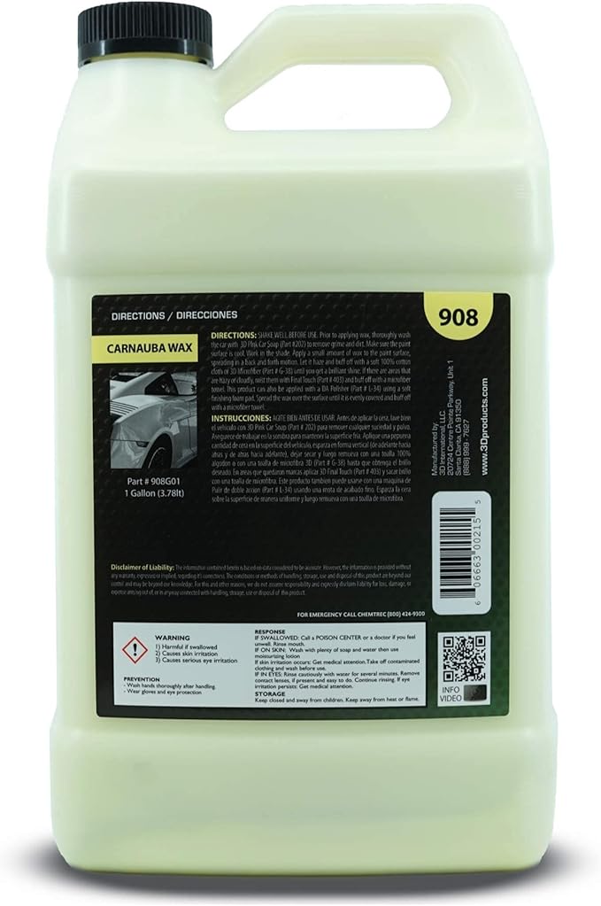 3D Carnauba Wax – Liquid Brazilian #1 Grade Wax for Deep Gloss & UV Protection | Easy Application | Safe on All Paint | Non-Staining Formula | Made in USA | 1 Gallon